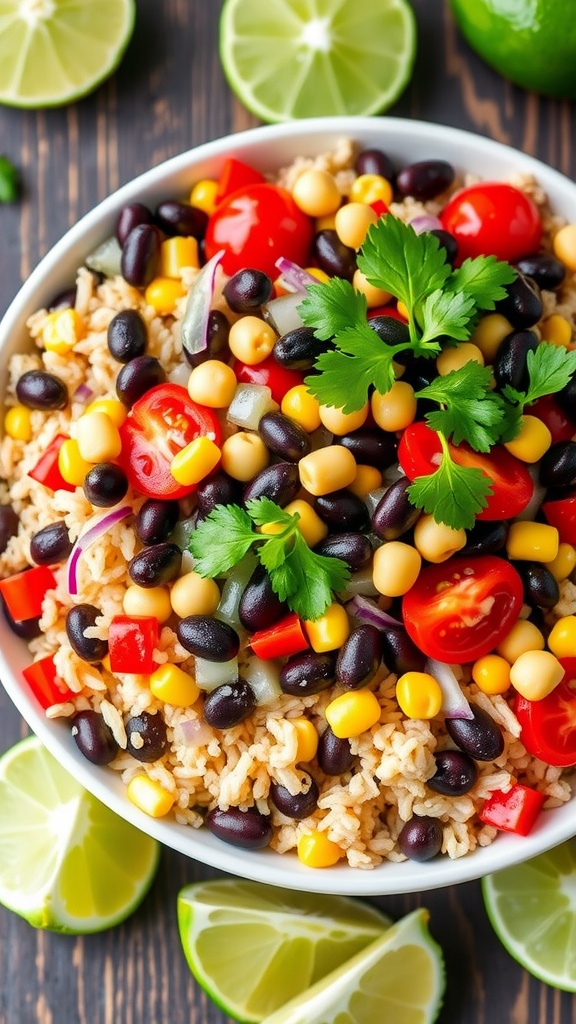 A colorful three bean and rice salad with black beans, kidney beans, chickpeas, cherry tomatoes, and corn, garnished with cilantro in a bowl.
